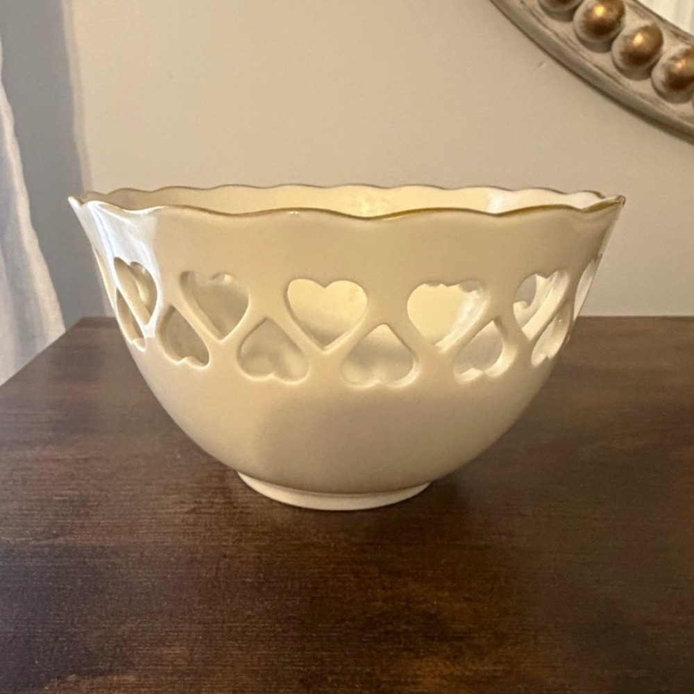 Lenox Pierced Heart Bowl Ivory Porcelain Gold Trim Embossed Rose USA 5.5"